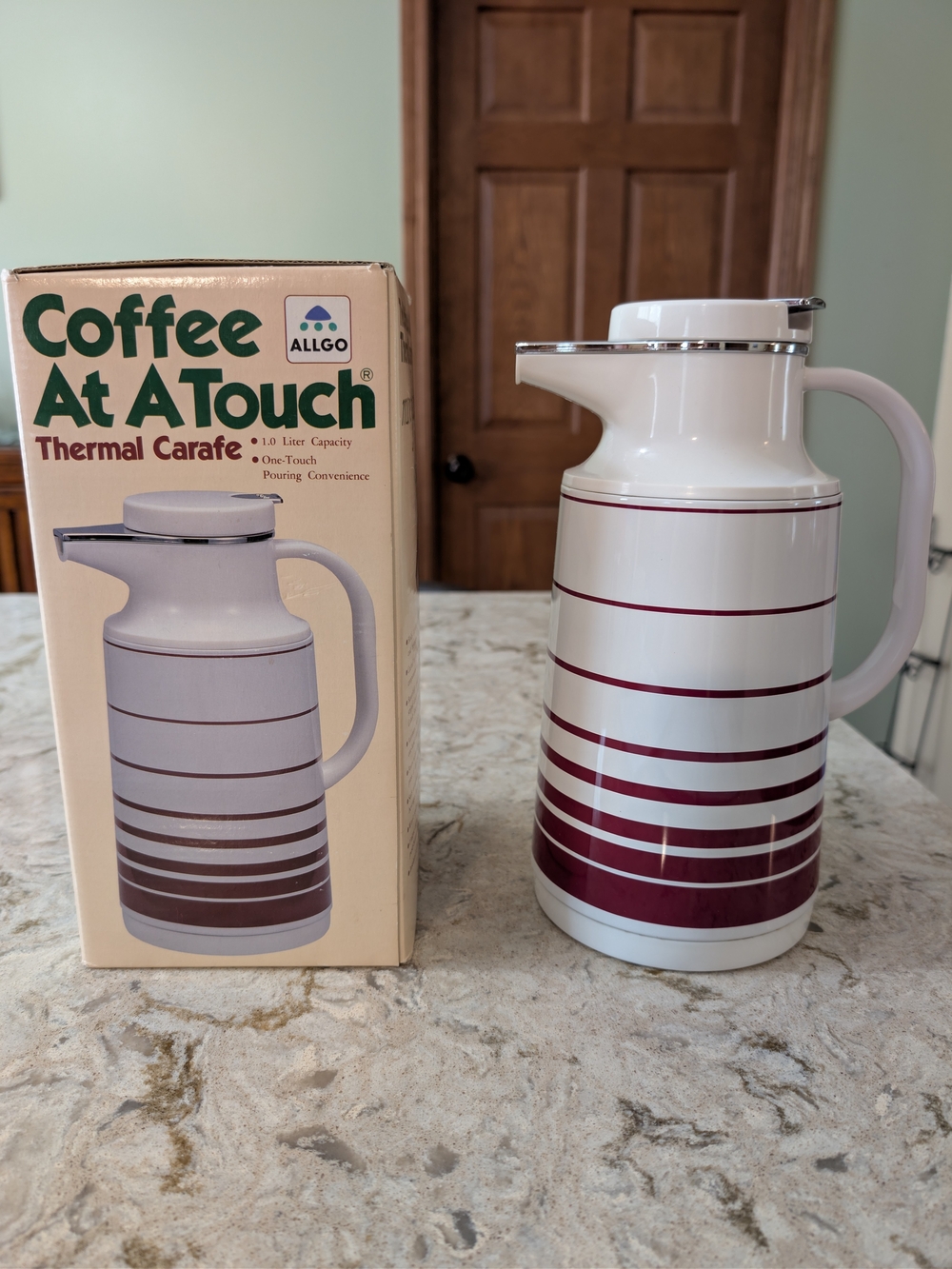 White and Burgundy Striped Thermal Carafe - Coffee At A Touch